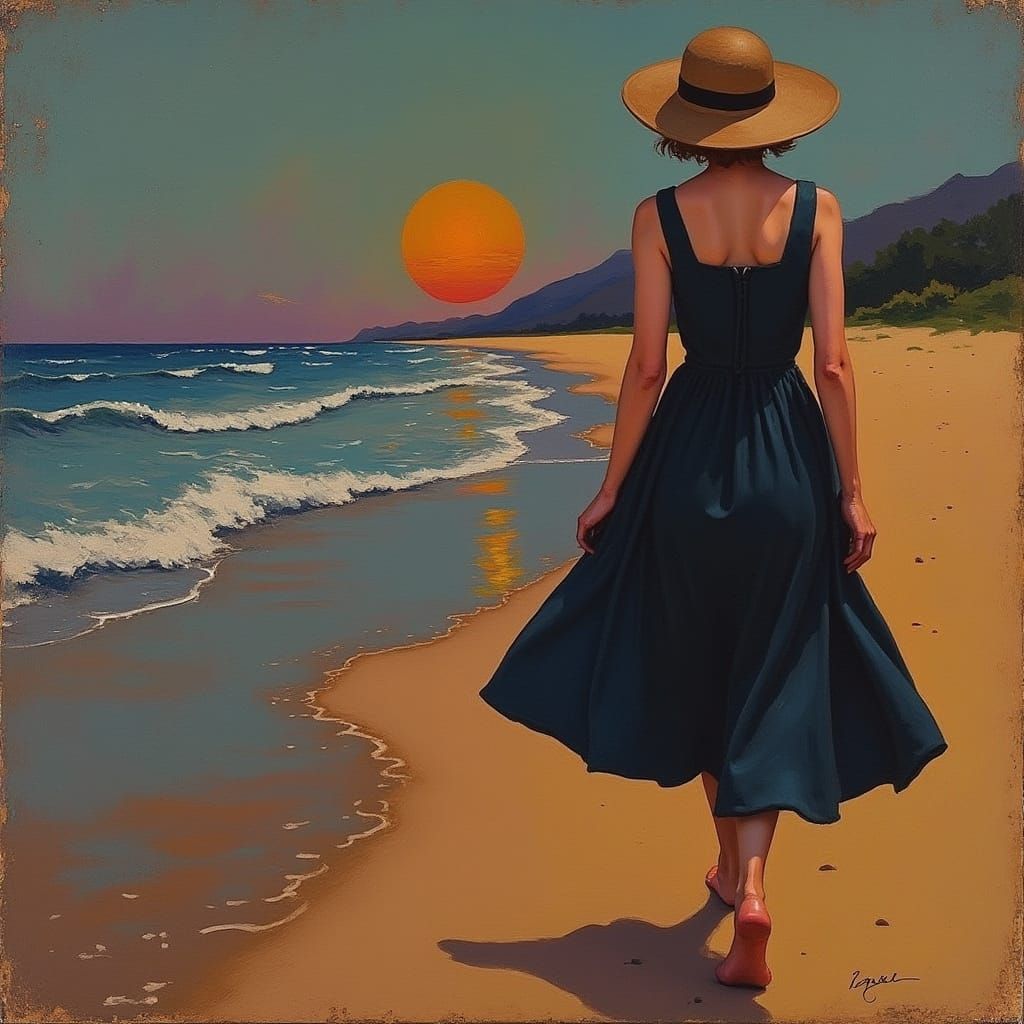 Woman in Fauvist Sunset Beach Scene with Matte Finish
