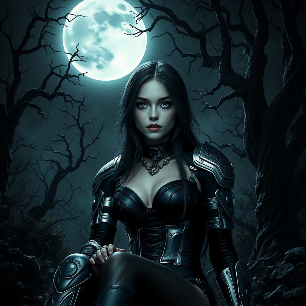 Gothic Metal Goddess Under Full Moon