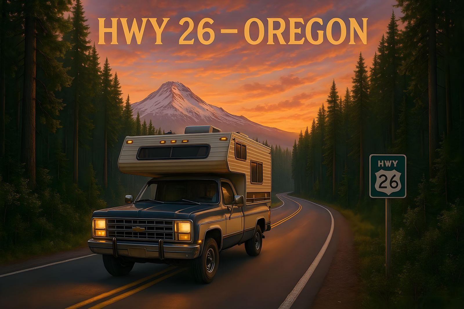 1980s Chevy Truck on Hwy 26 at Sunset