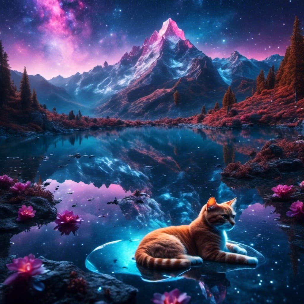 Cat Lounging Under Galaxy Sky Reflection