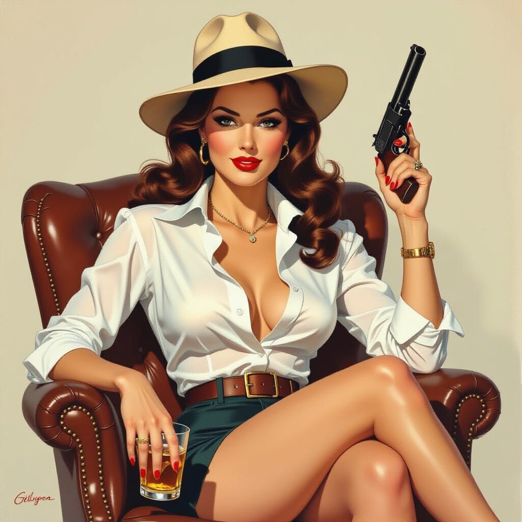 Gil Elvgren Style Pin-Up Woman with Fedora and Pistol