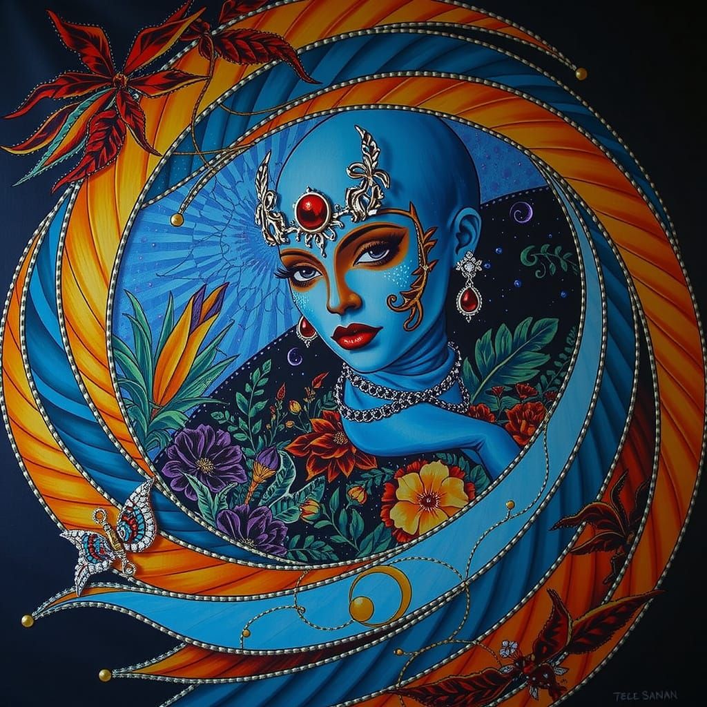 Psychedelic Garden Dream with Bold Hues and Cosmic Mystery