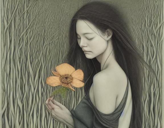 Woman with Flower in Warped Forest Perspective