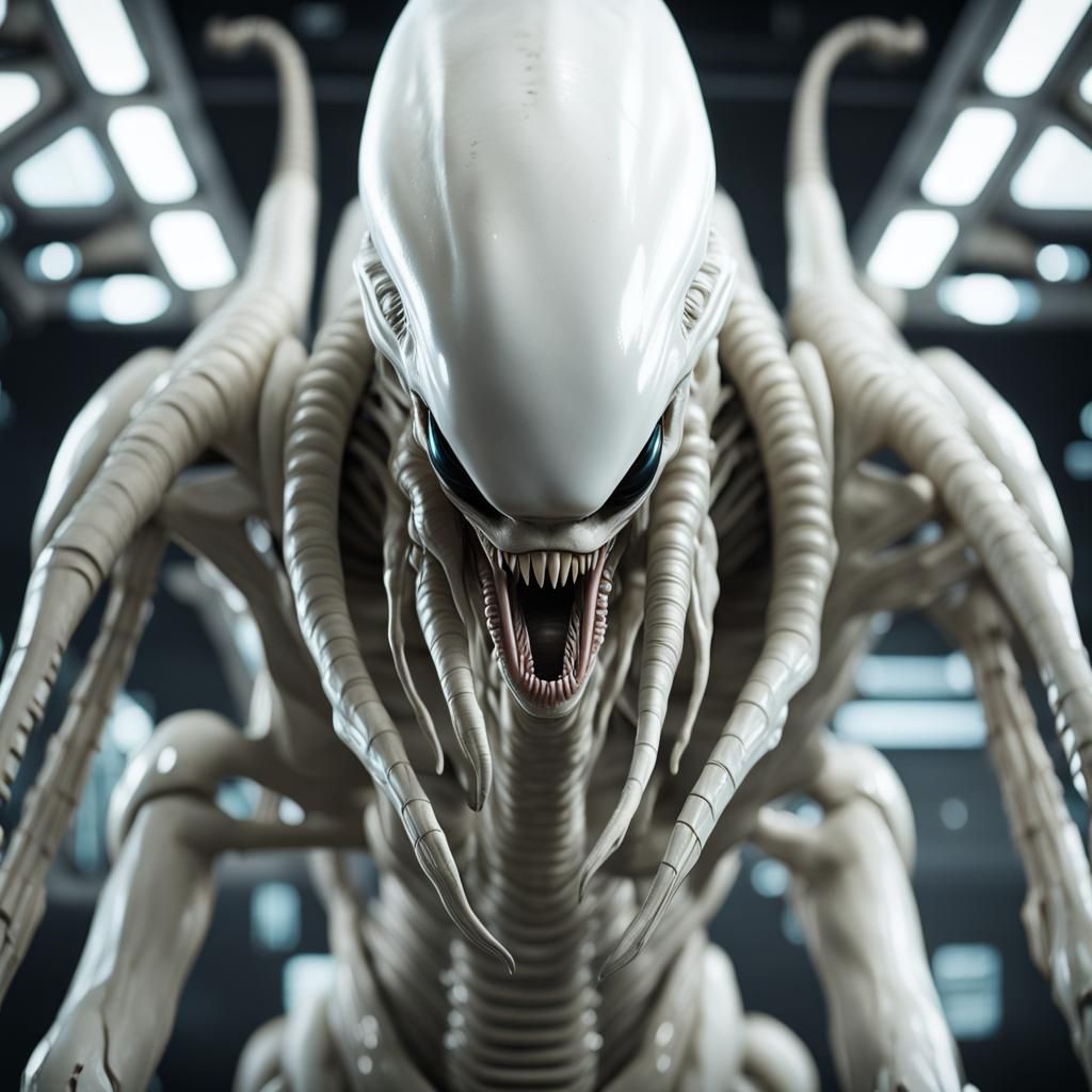 White Xenomorph Close-Up: Sci-Fi Alien Creature in 8K