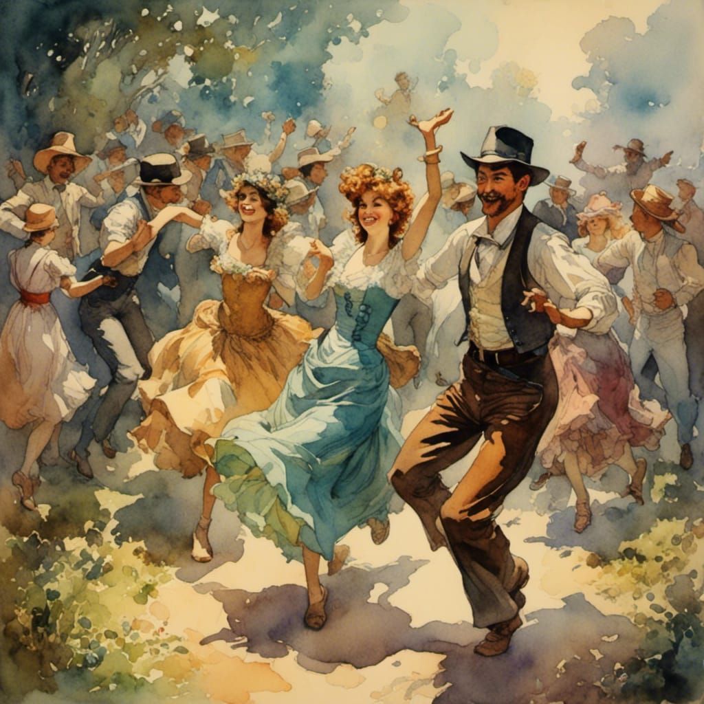 Hillbilly Disco Dance in Romantic Watercolor Style