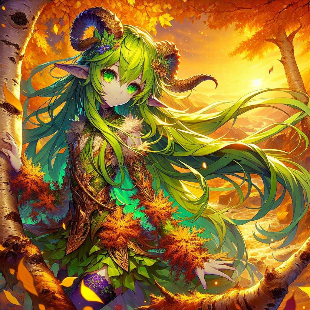 Anime Satyr Girl in Autumn Sunset, Detailed Matte Painting