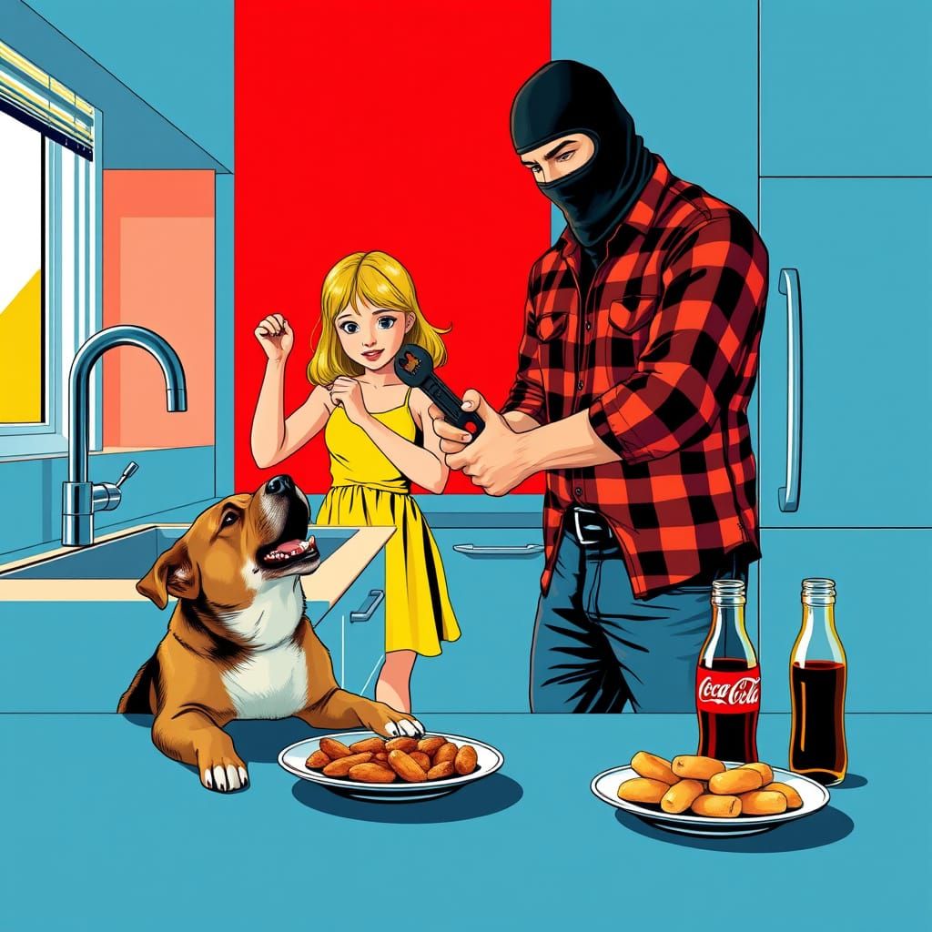 Man Repairs Kitchen Sink in Bold Digital Art Style