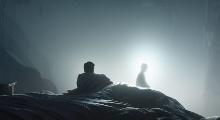 Ethereal Ghostly Figure Over Sleeping Human