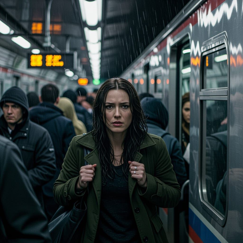 Woman Rushing Through Rainy Train Station in Cinematic Style