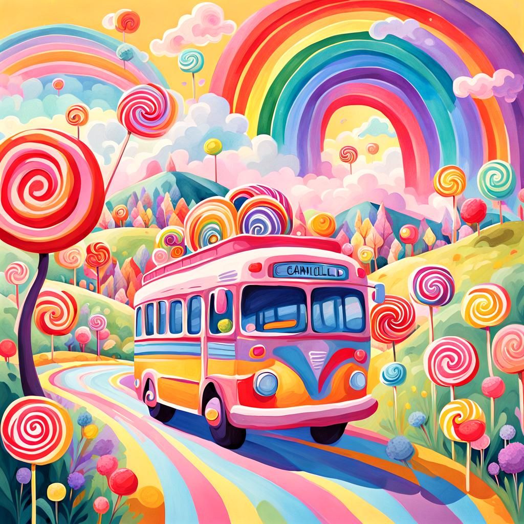 Whimsical Bus Trip Through Candyland: Gouache Illustration
