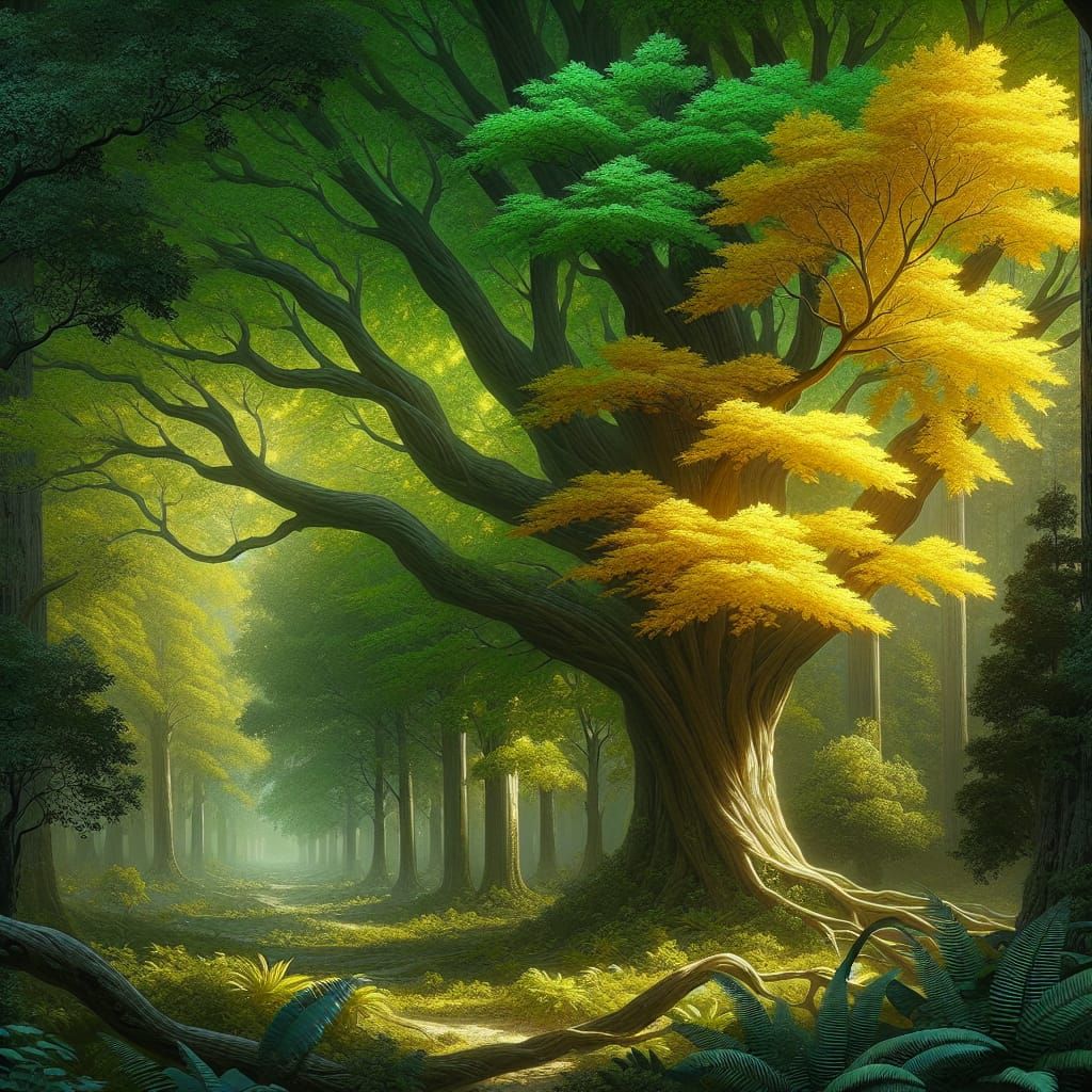 Majestic Tree with Single Yellow Leaf in Serene Forest