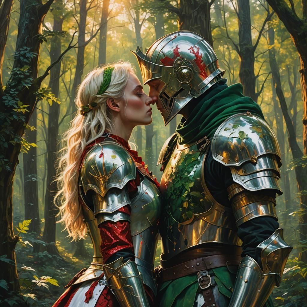 Knights' Passionate Kiss in Dystopian Forest