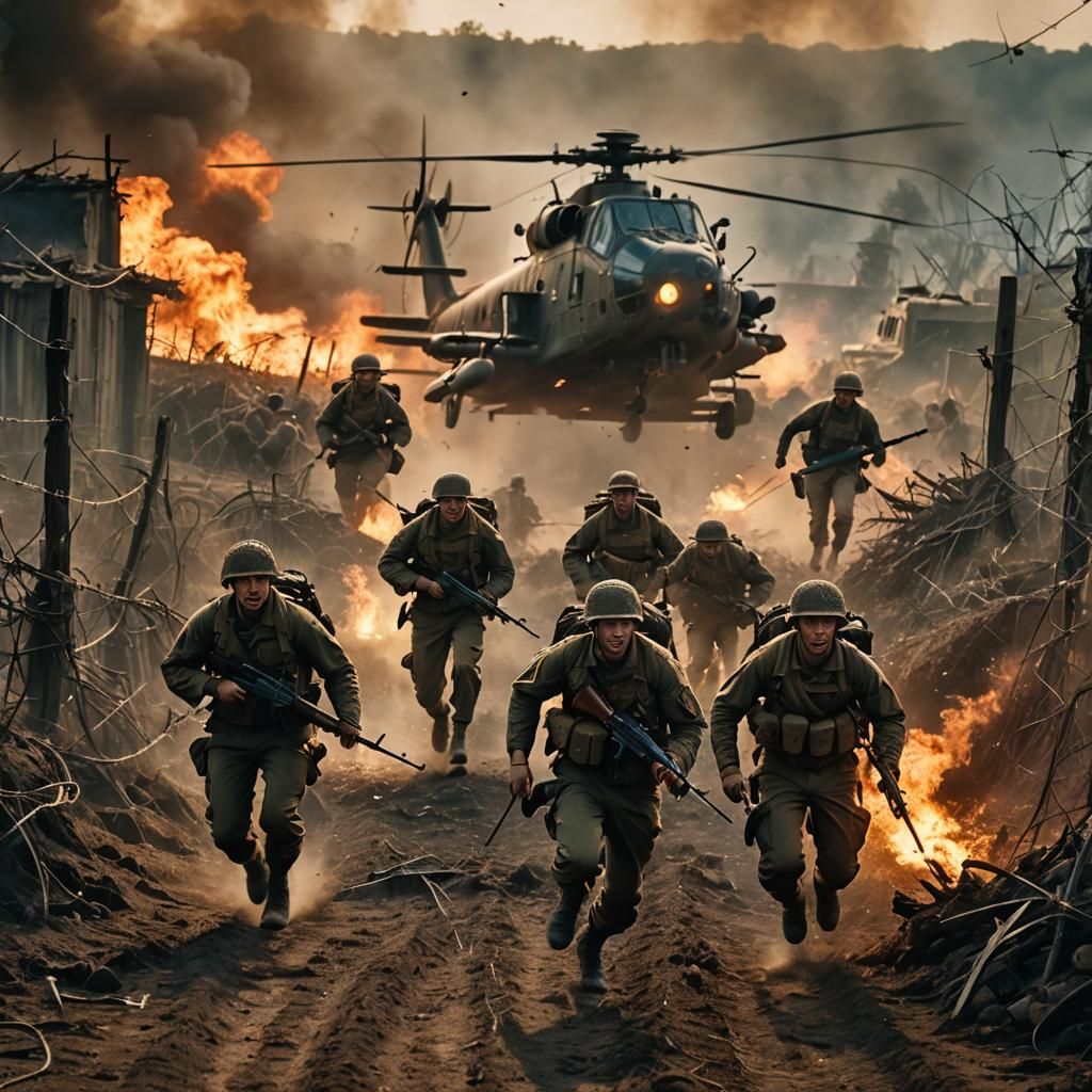 WWII Soldiers Running in Fear: Cinematic Film Still