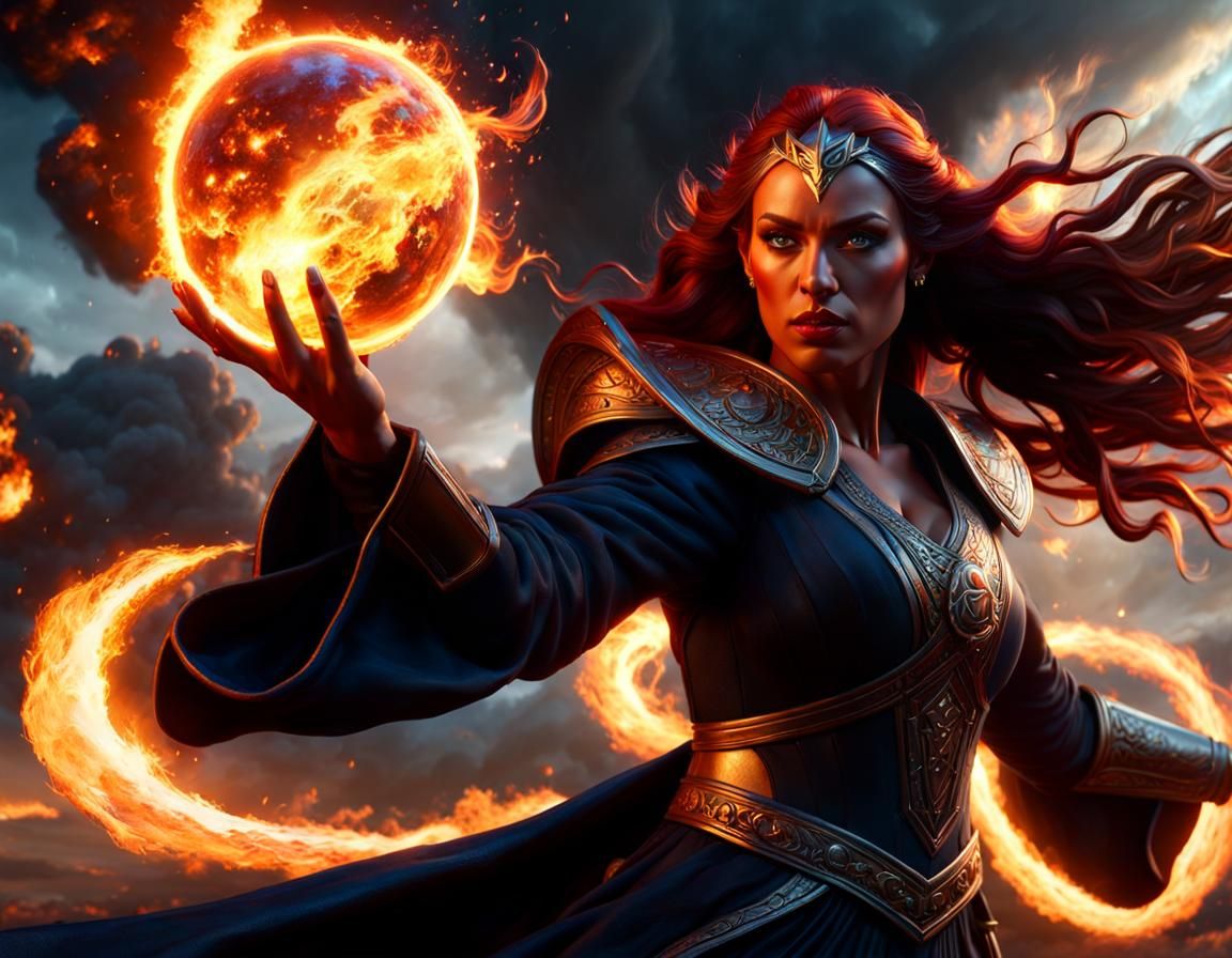 Sorceress Casts Fireball Spell in Oil Painting Style