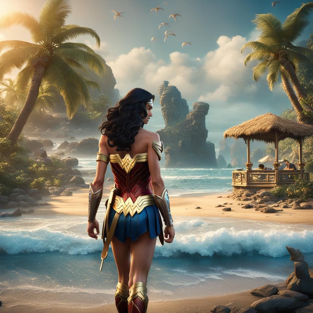 Wonder Woman on Tropical Beach, Fantasy Art