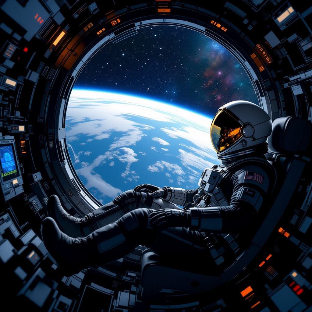 Astronaut Gazing at Earth: Retro-Futuristic Space Art