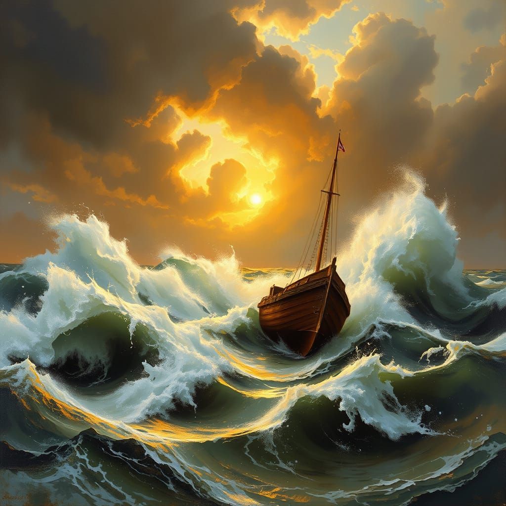 Stormy Seascape with Boat in Golden Age Style