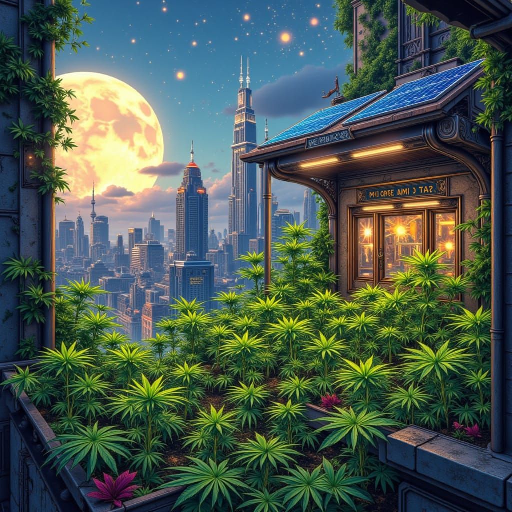 Solarpunk Cannabis Farm in Psychedelic Art Nouveau Style