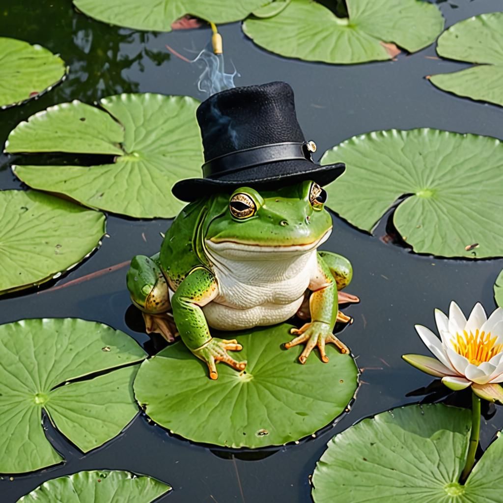 Frog Smoking on Lily Pad Wearing Hat