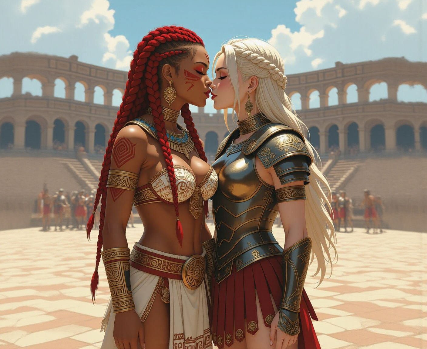 Amazon Warrior Kisses Hoplite in Colosseum