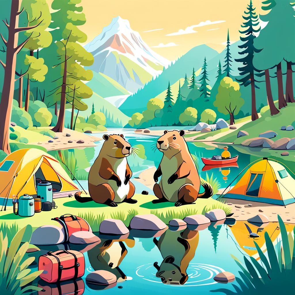 Capybara Camping Adventure: Whimsical River Illustration