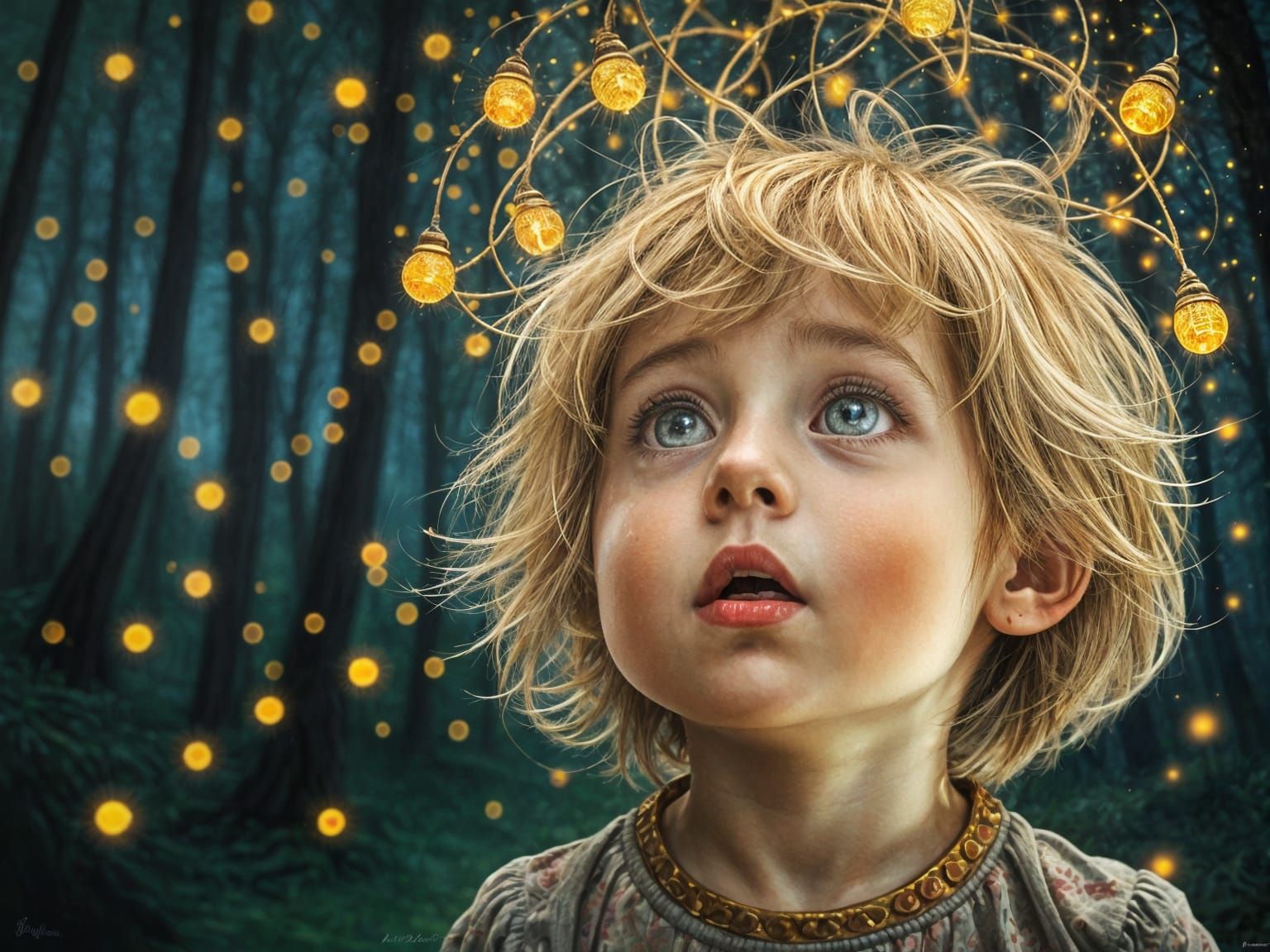Whimsical Child Surrounded by Fireflies in Enchanted Woodlan...