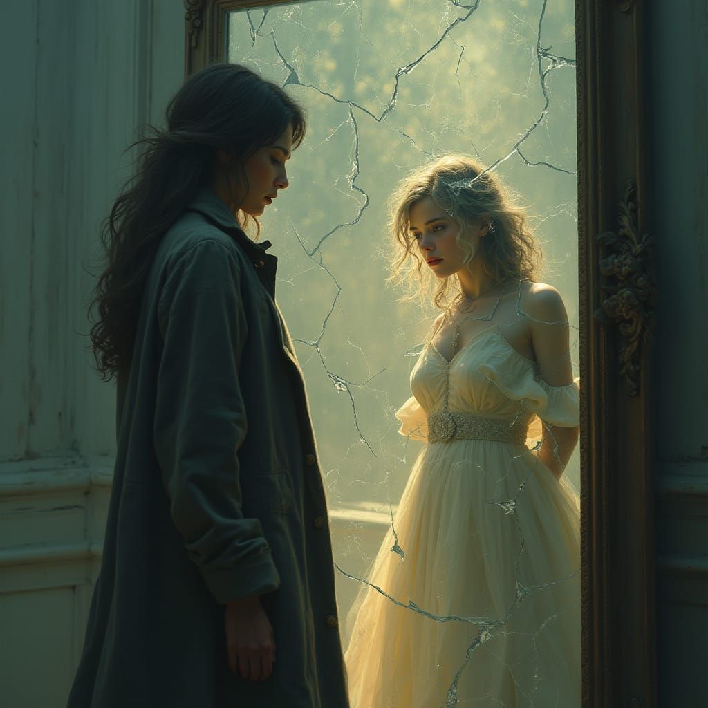 Woman Contemplating a Fragmented Mirror in a Melancholic Atm...