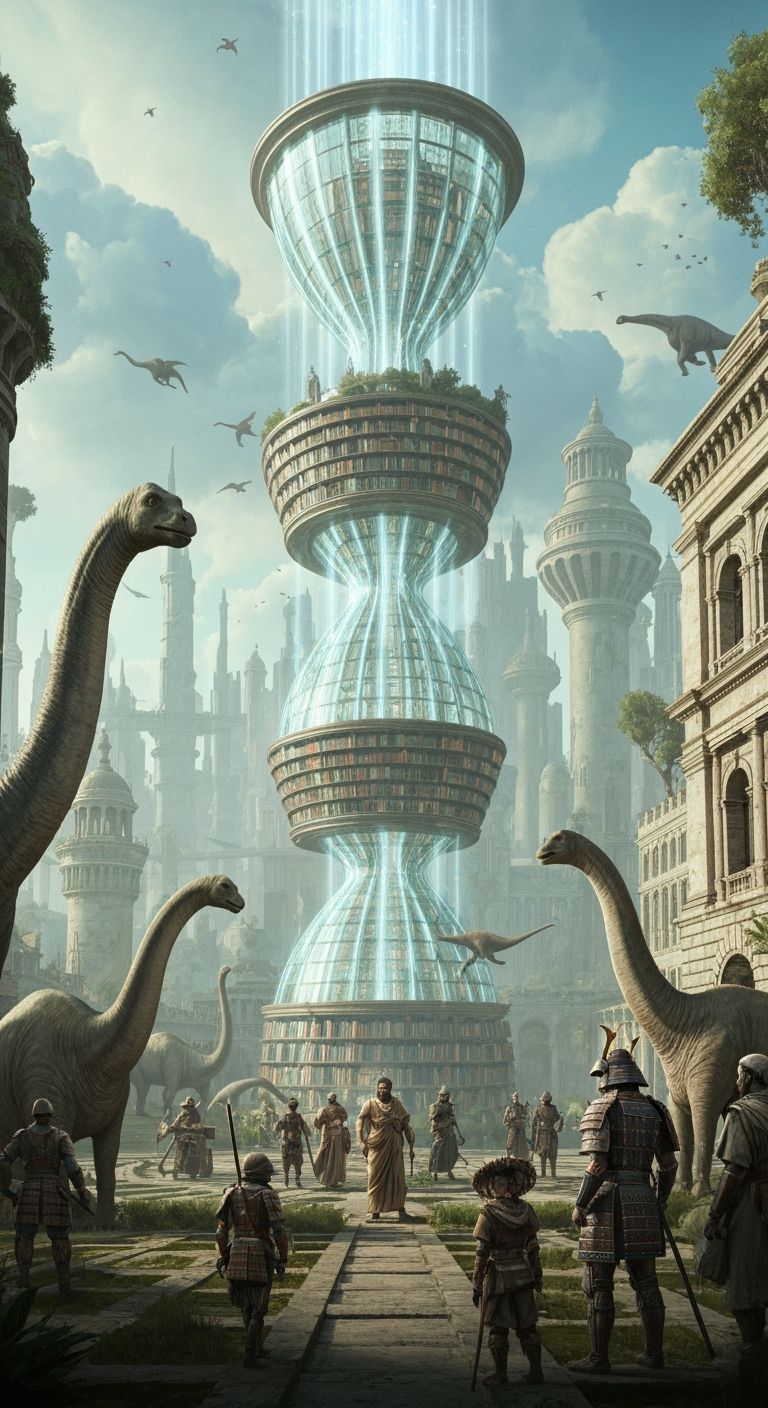 Hourglass Library in Colliding Timelines, Retro-Futuristic S...