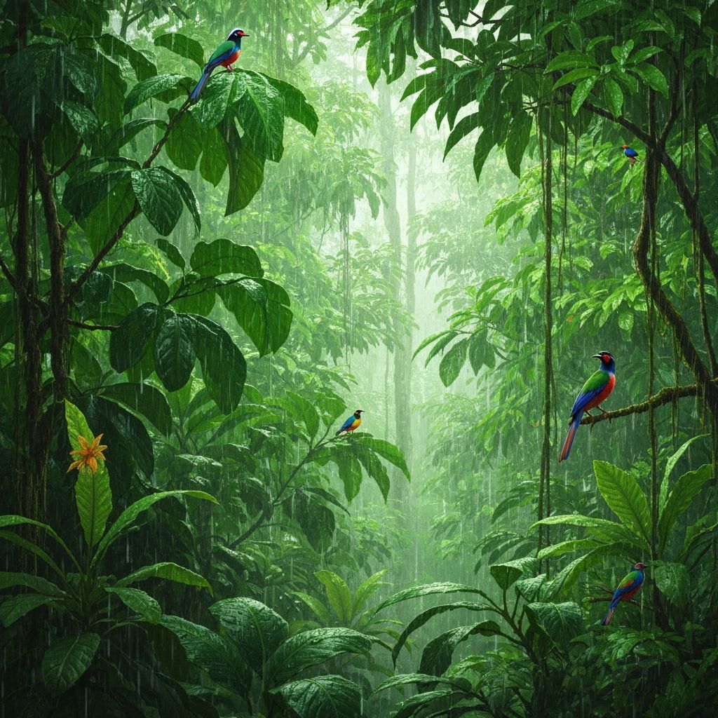 Lush Rainforest Canopy During Summer Downpour