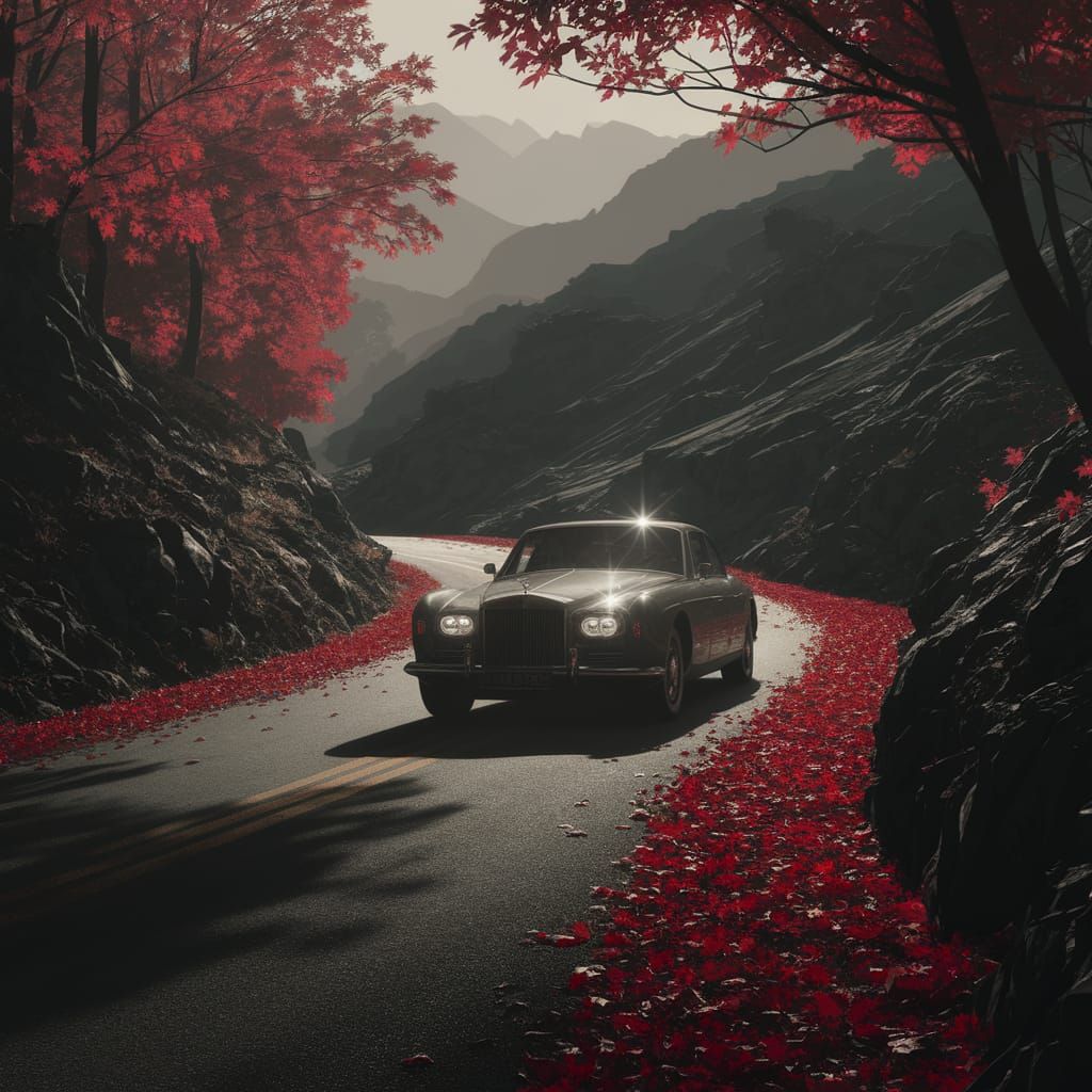 Vintage Car on Autumn Road in Film Noir