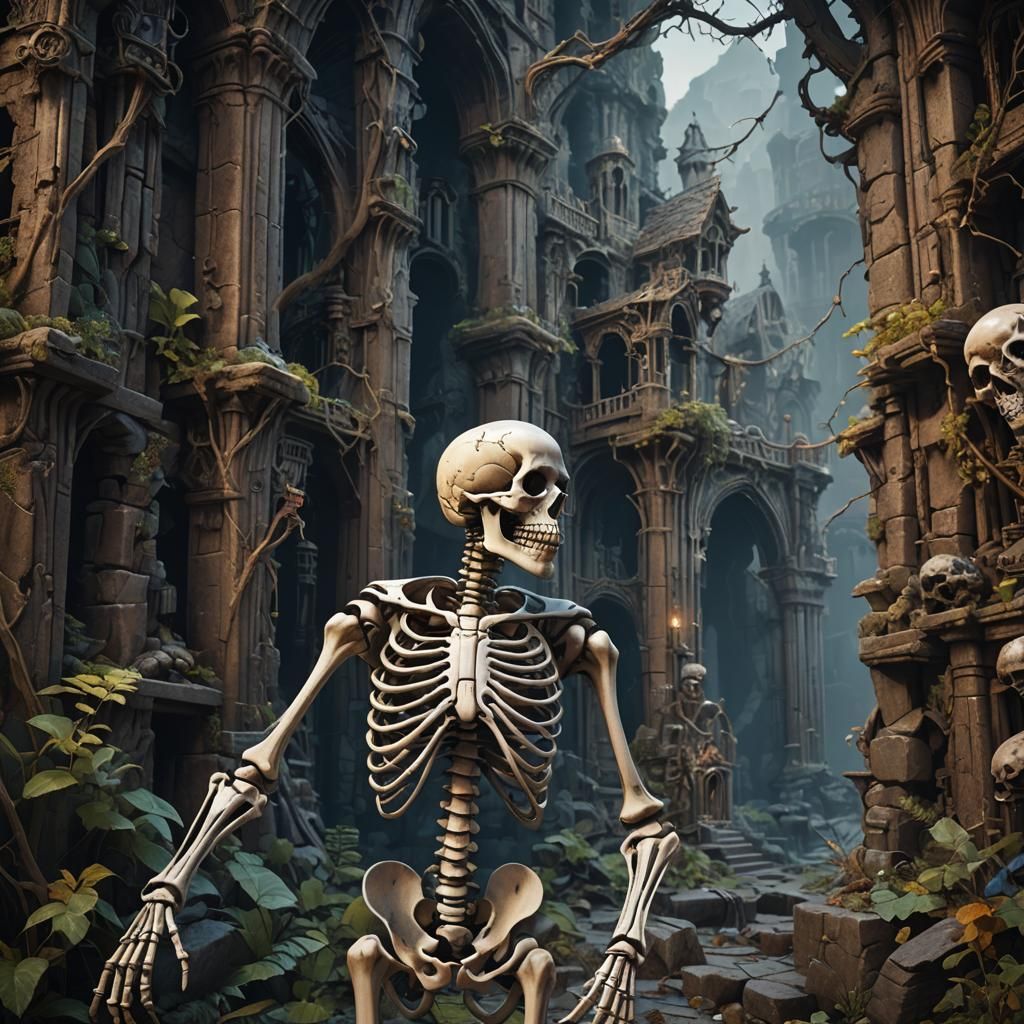 Detailed Skeleton Matte Painting in Deep Color