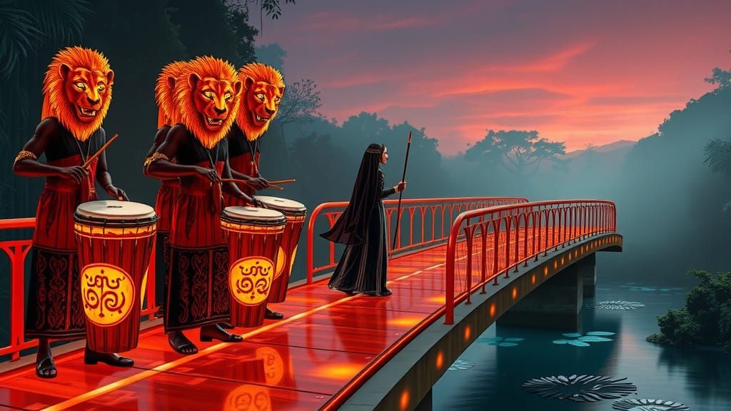 Mystical Drummers on Glowing Bridge, Inspired by Fantastical...