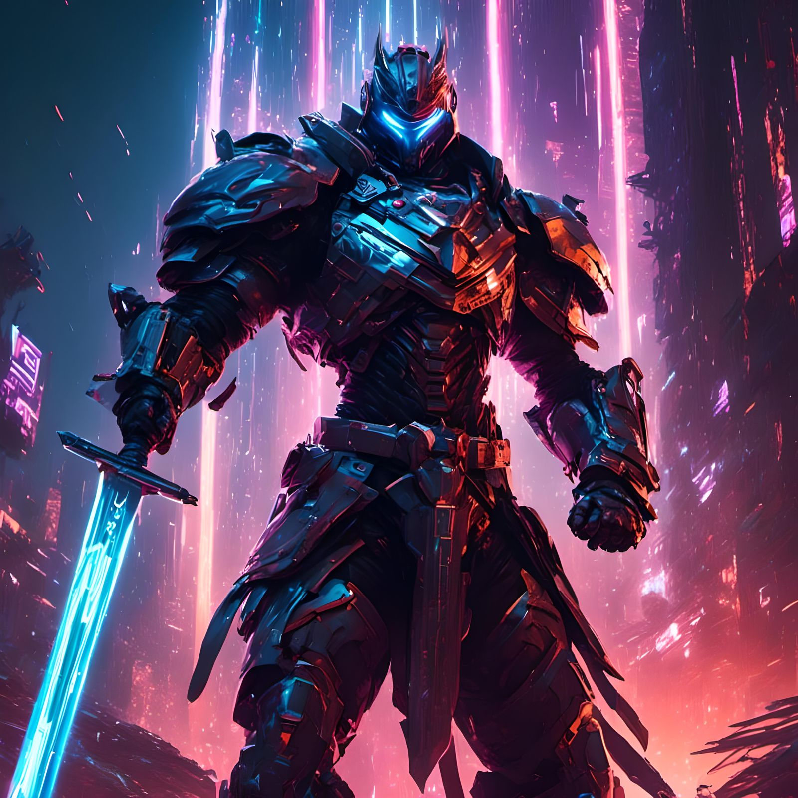 Cyberpunk Paladin with Legendary Sword in Neon City