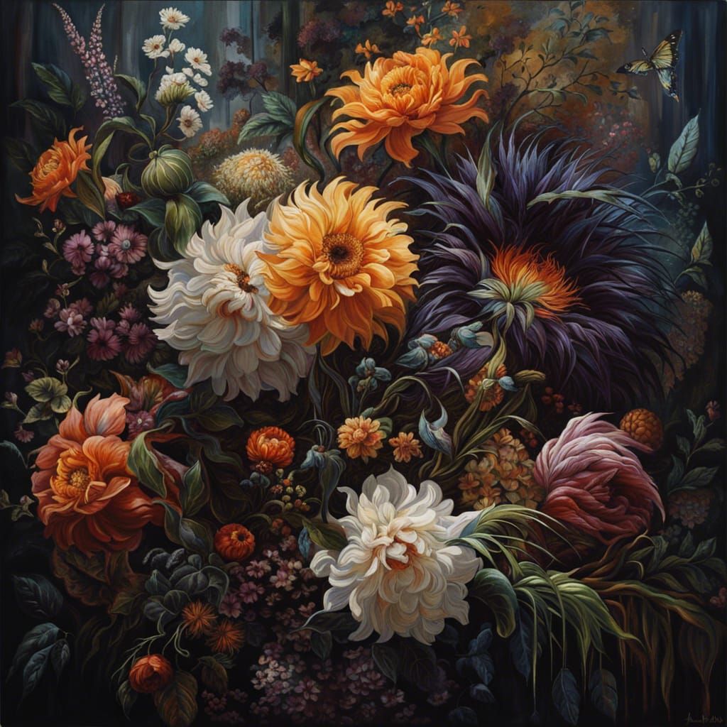 Detailed Floral Still Life in Mixed-Media Style