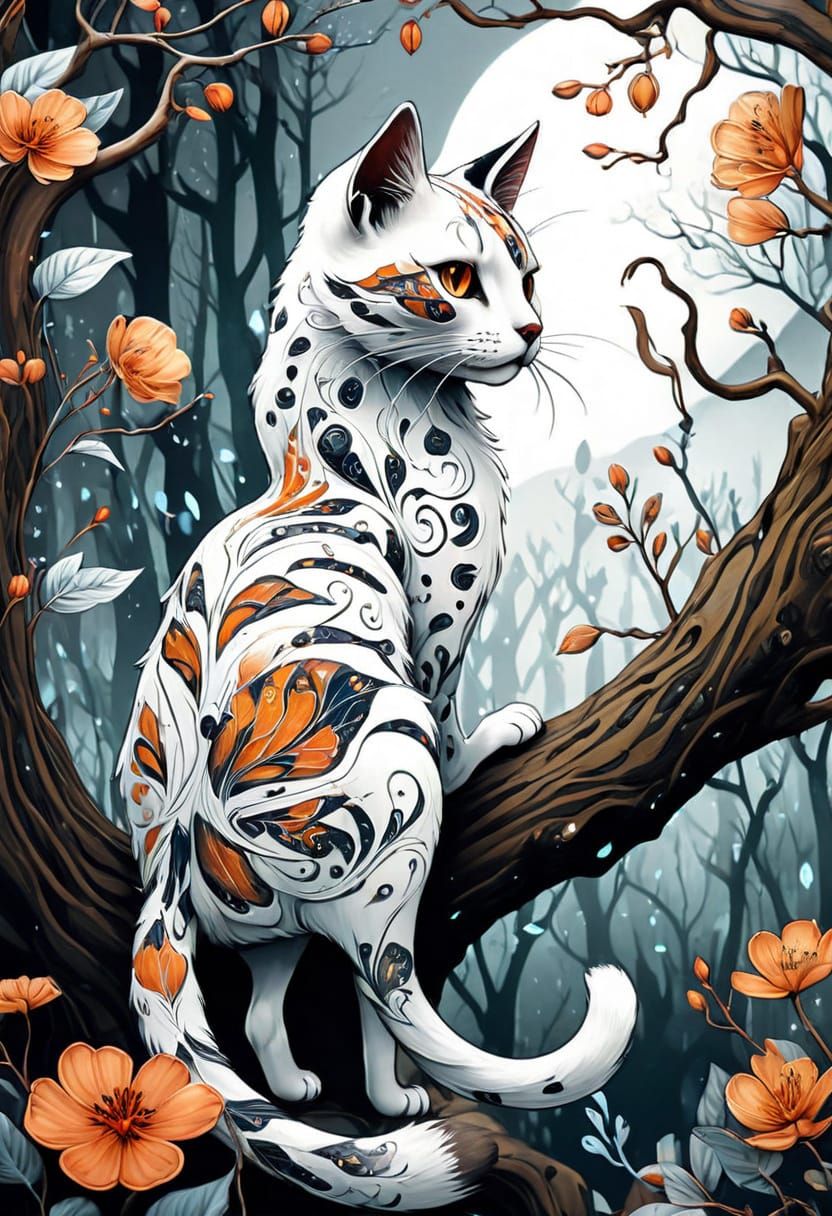 Whimsical Cat perched on Tree Branch in Enchanted Forest wit...