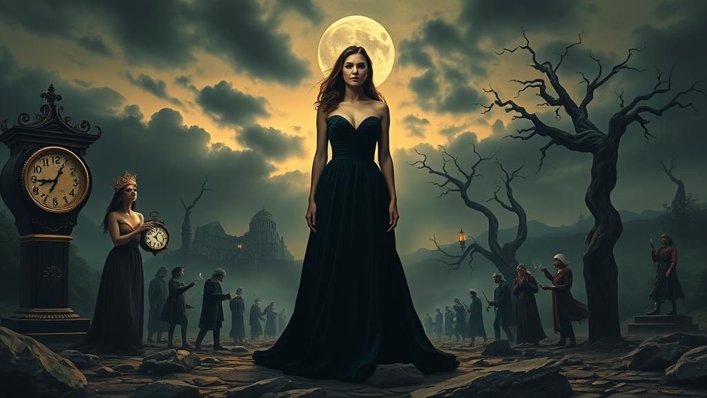 Dreamlike Woman in Surrealist Landscape with Melting Clocks