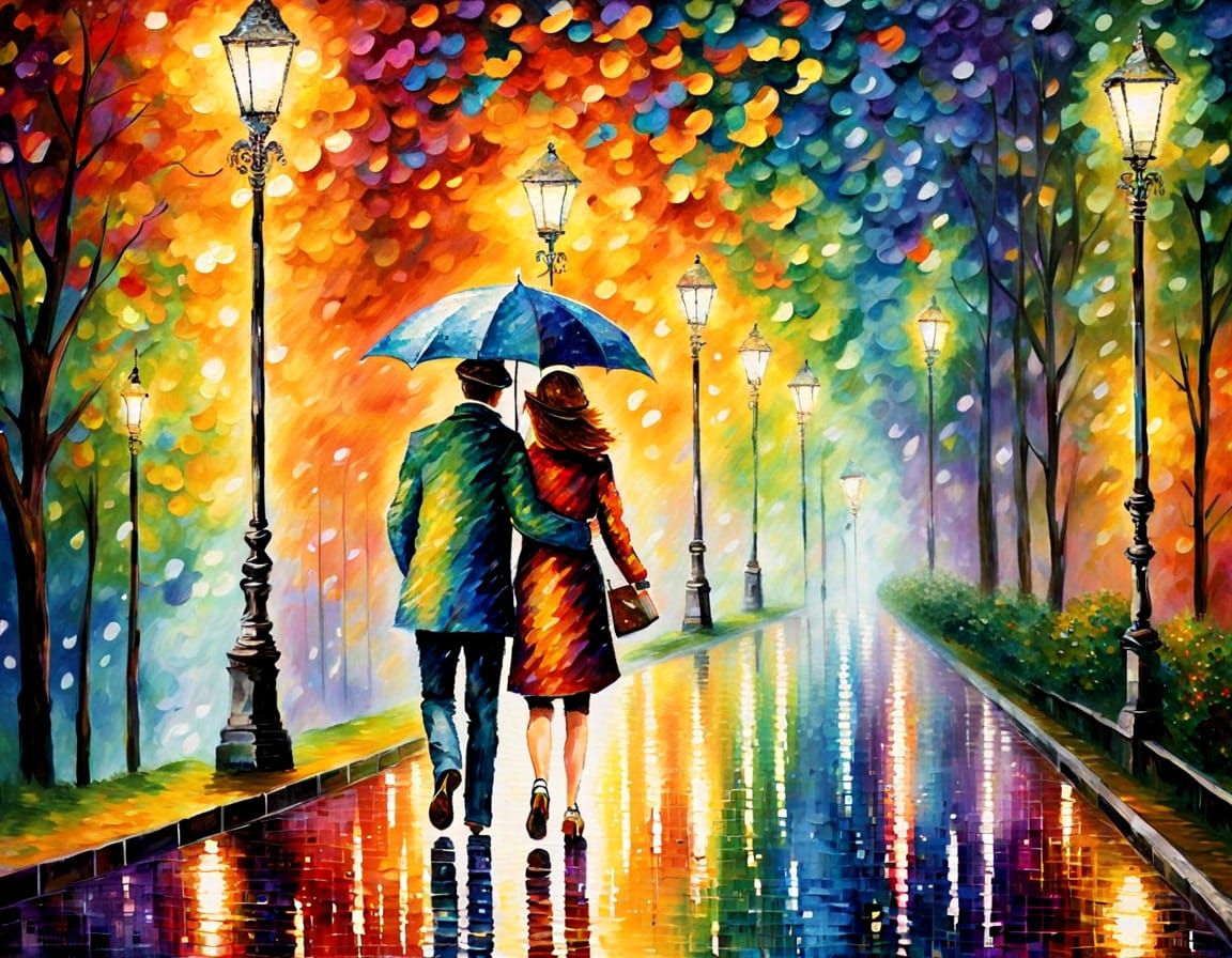 Couple Under Umbrella in Prismatic Rain, Pointillist Style