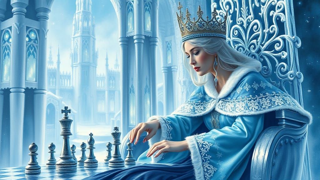 Snow Queen Seated on Crystal Throne in Ice Castle