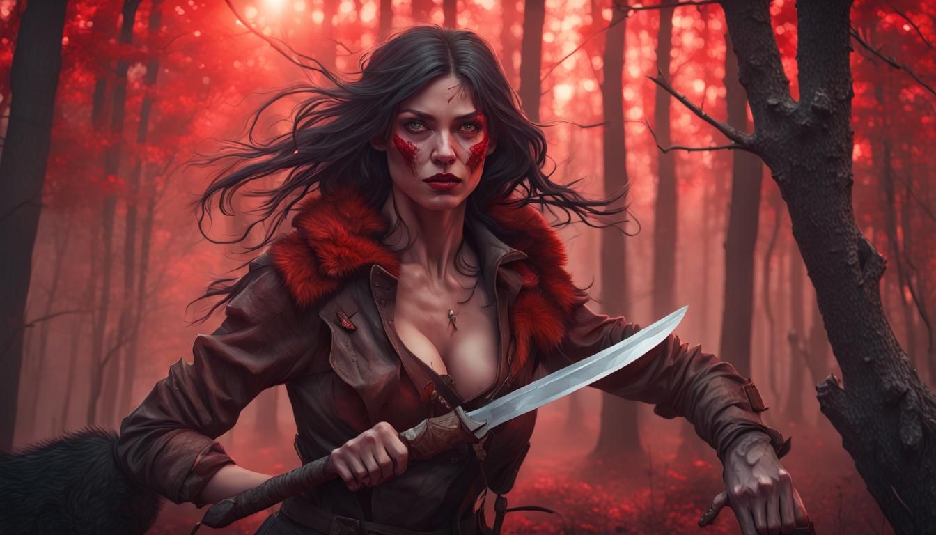 Brunette Huntress in a Haunted Forest, Digital Art