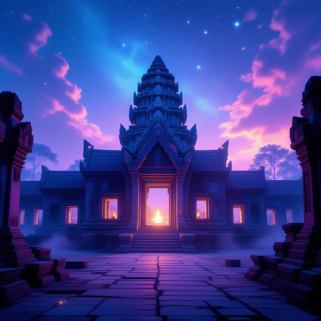 Mystical Temple Glowing with Neon Lines Under Starry Sky
