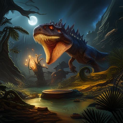 Dinosaurs Playing Cards in Detailed Matte Painting