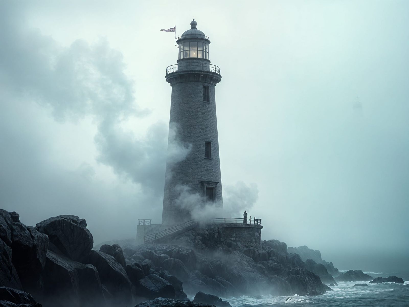 Ghostly Lighthouse in Foggy Maritime Landscape