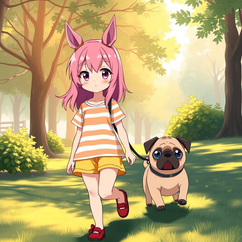 Anime Girl Walks in Park with Pug in Vibrant Yellow Shorts