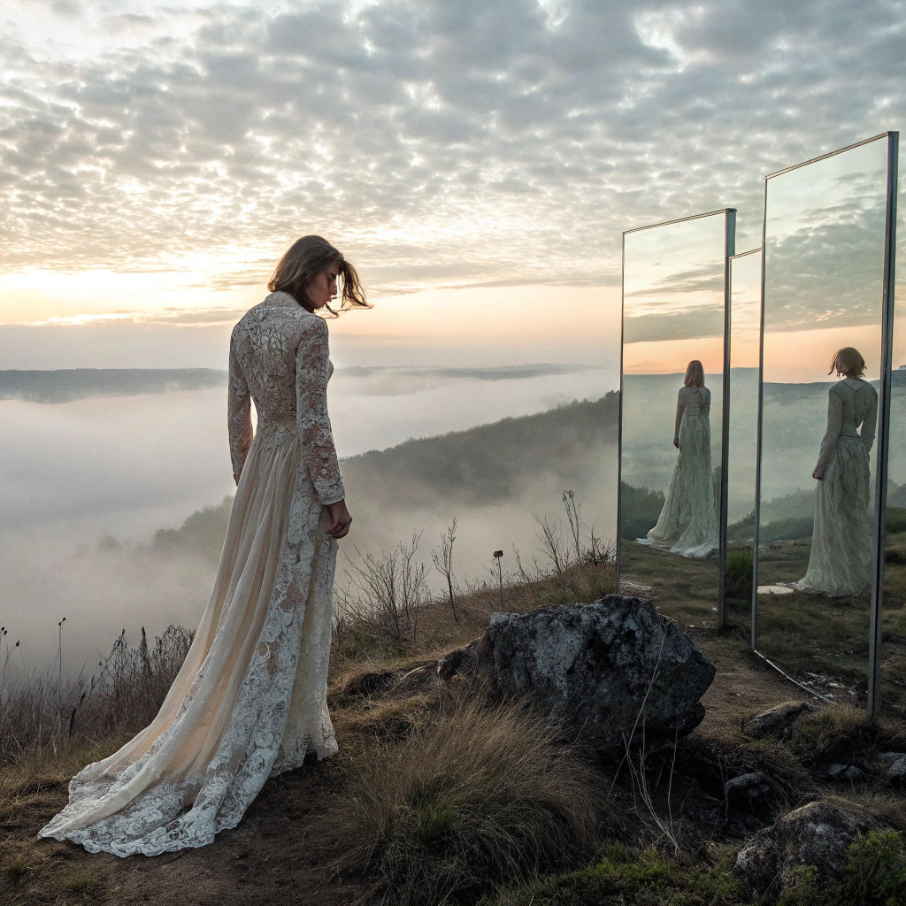 Ethereal Woman in Surreal, Dreamlike Landscape