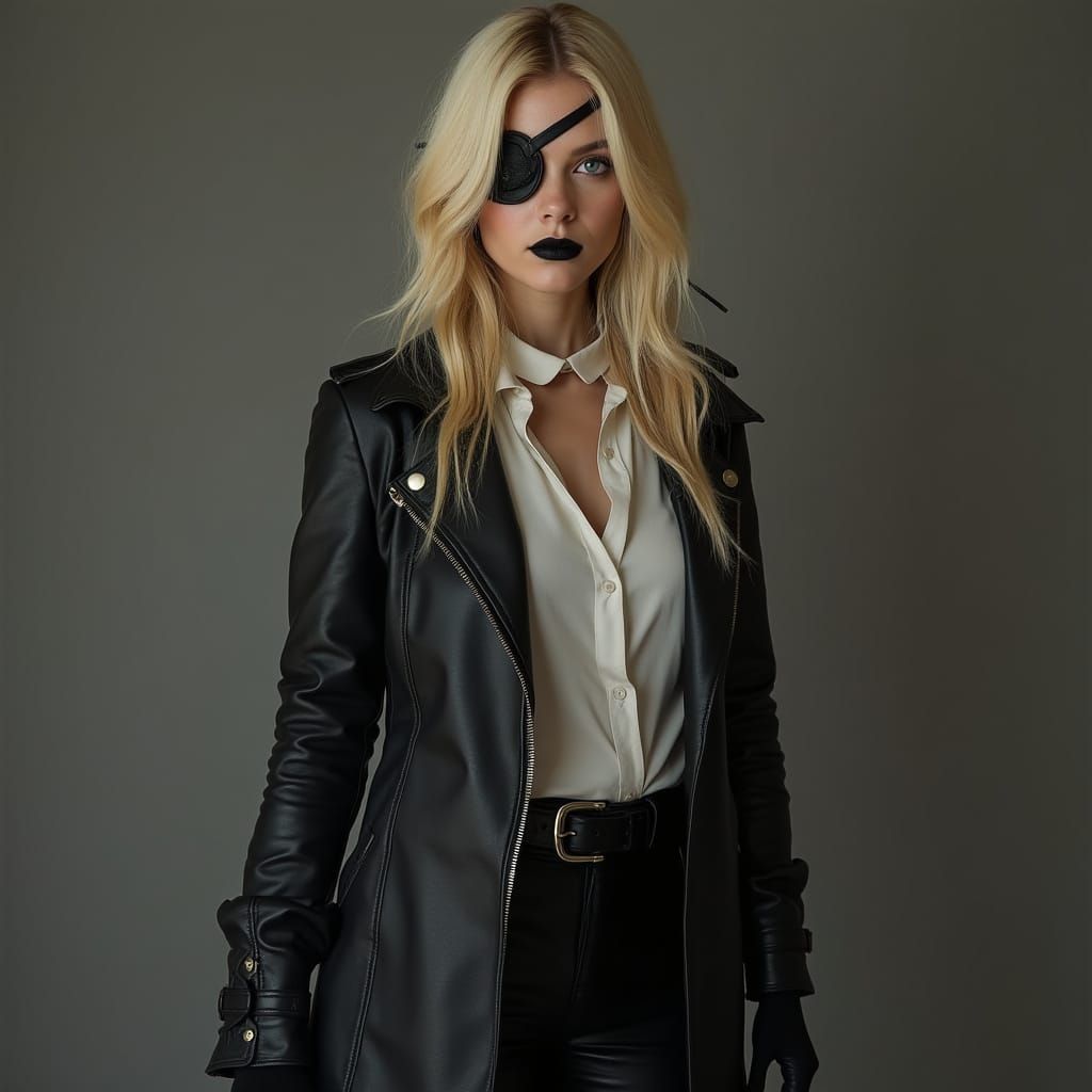 Young Woman in Black Leather with Eye Patch