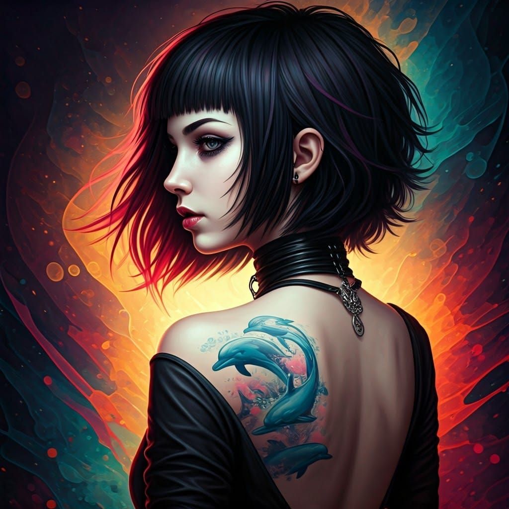 Goth Girl with Dolphin Tattoo: Splash Art Style