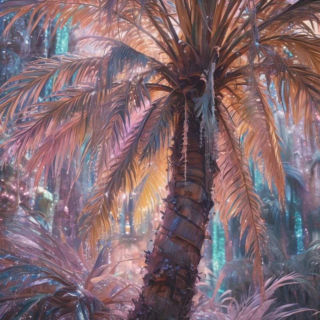 Palm Tree in Magical Crystal Forest: Dreamlike Fantasy Art