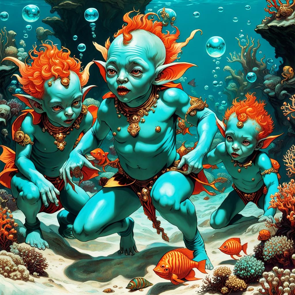 Turquoise Goblin Children Play in Coral Reef