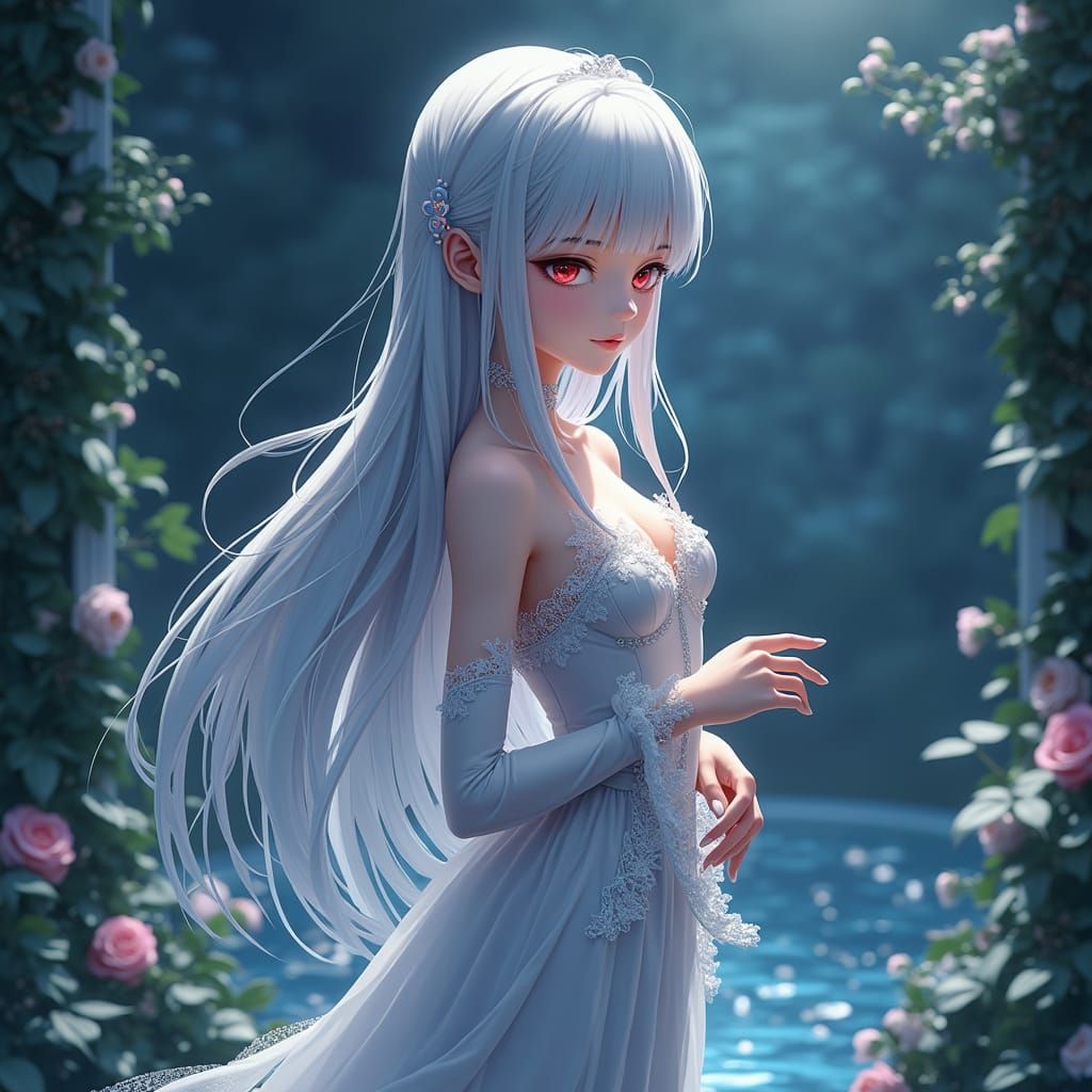 Androgynous Figure in Moonlit Garden, Anime Style