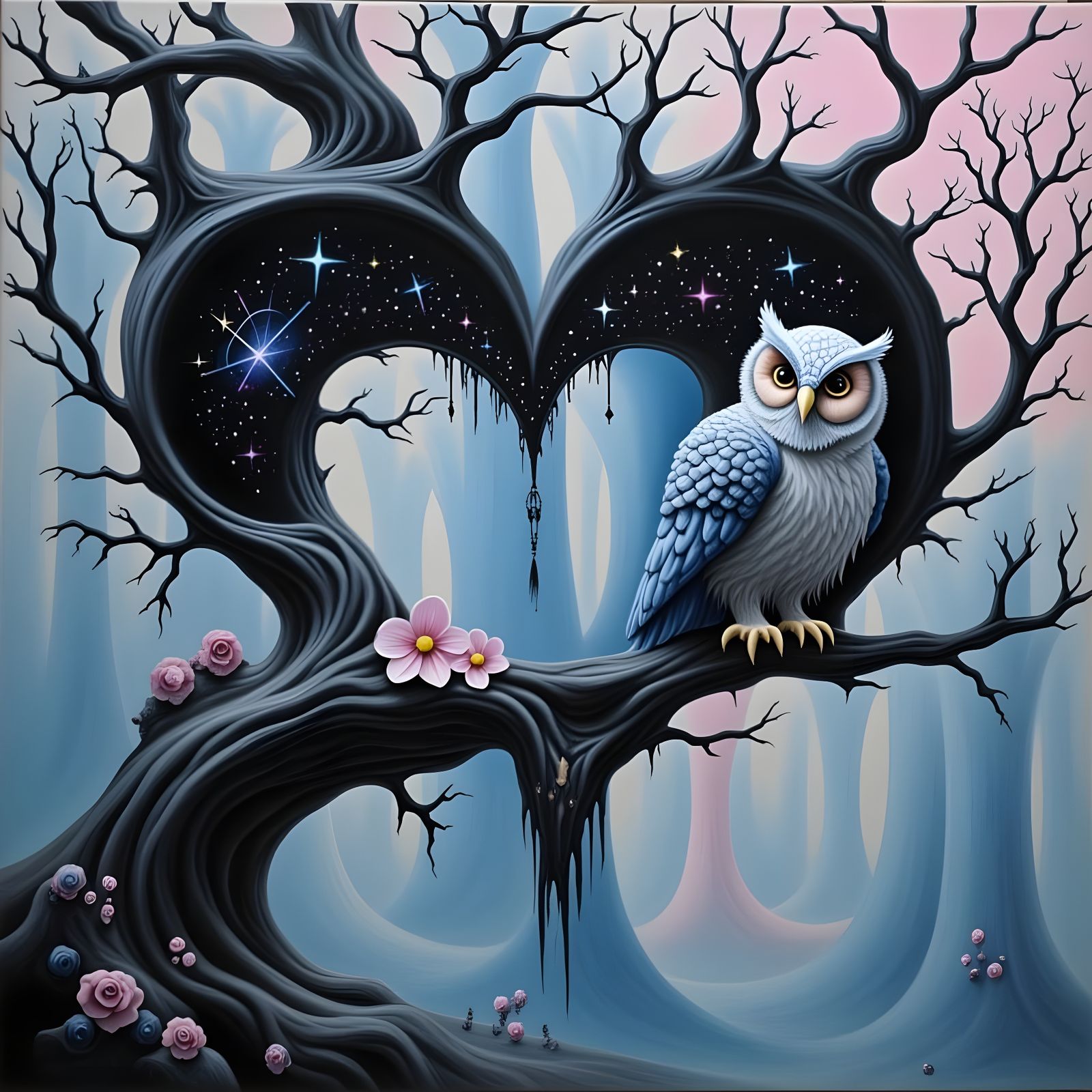 Whimsical Owl in Heart-Shaped Tree Gaze at Starry Galaxy